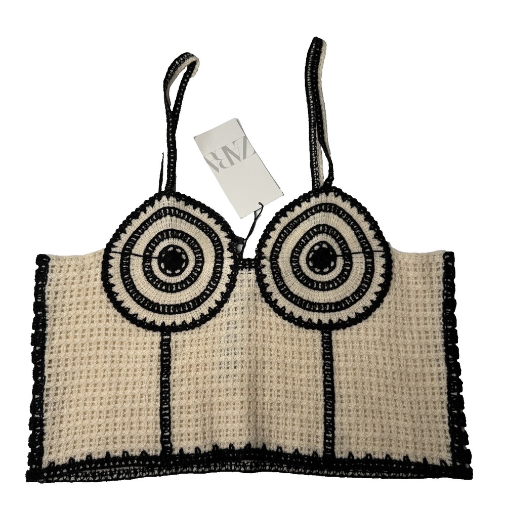 Zara Crochet Crop Top Womens Large Cream‎ Black Striped Boho Knit Festival New